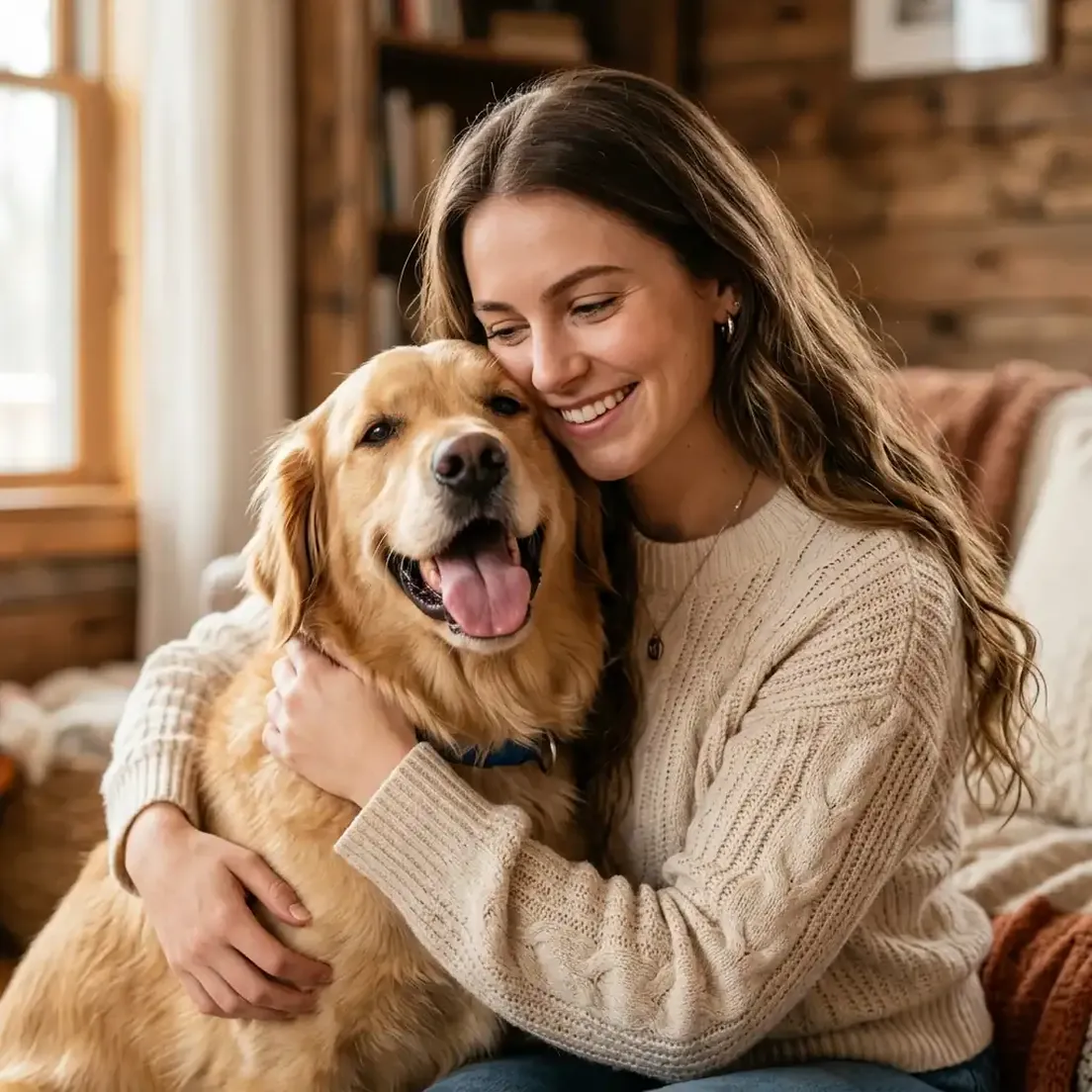 Happy woman hugging a golden retriever